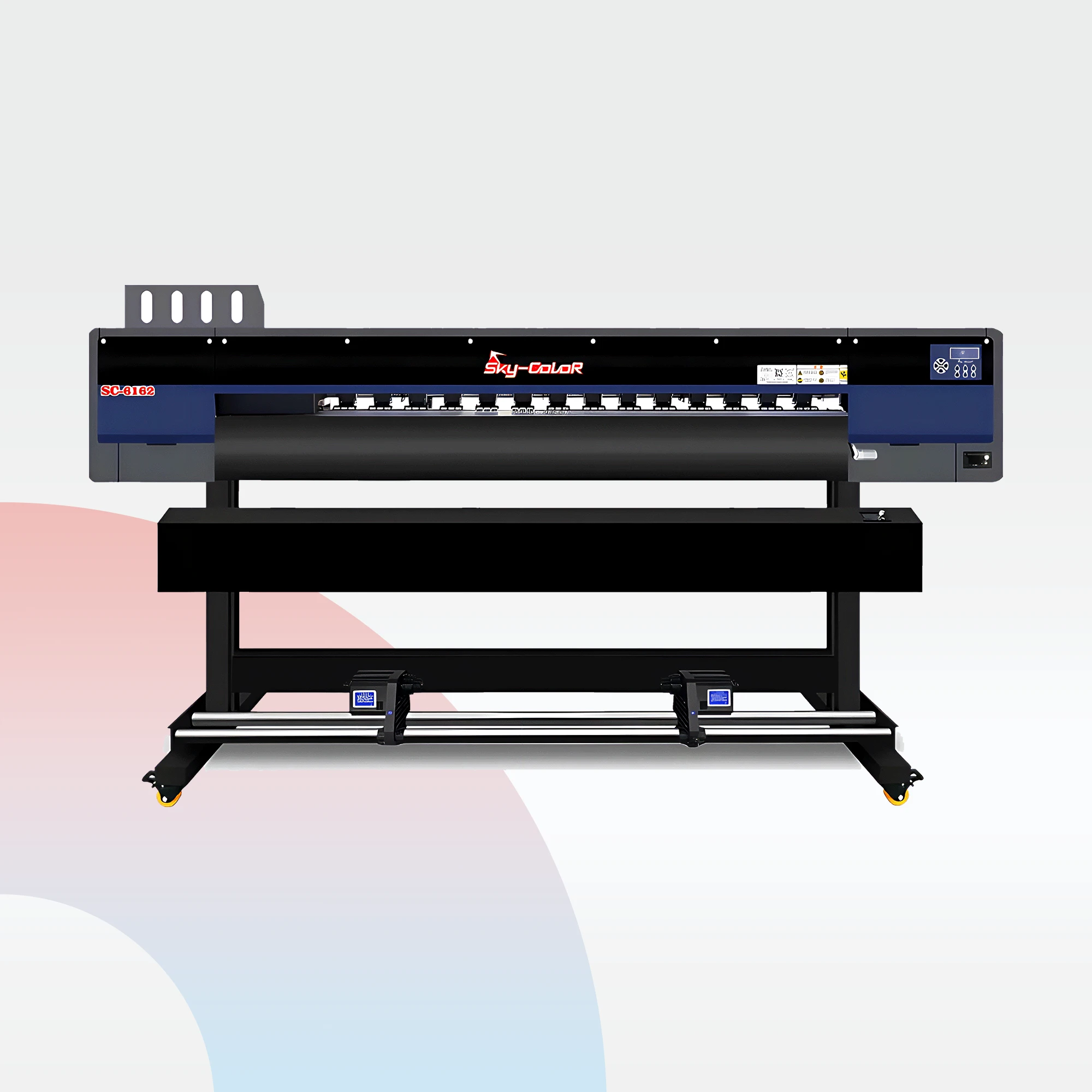 صورة طابعة سكاي كلر واسعة العرض، مزودة بـ 4 رؤوس Epson-i3200، تُستخدم لطباعة البنرات والفلكس بجودة عالية في مراكز الطباعة والدعاية في اليمن